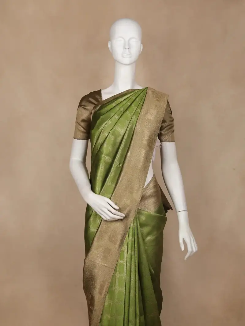 Green Checked Design Semi Tissue Silk Saree 2