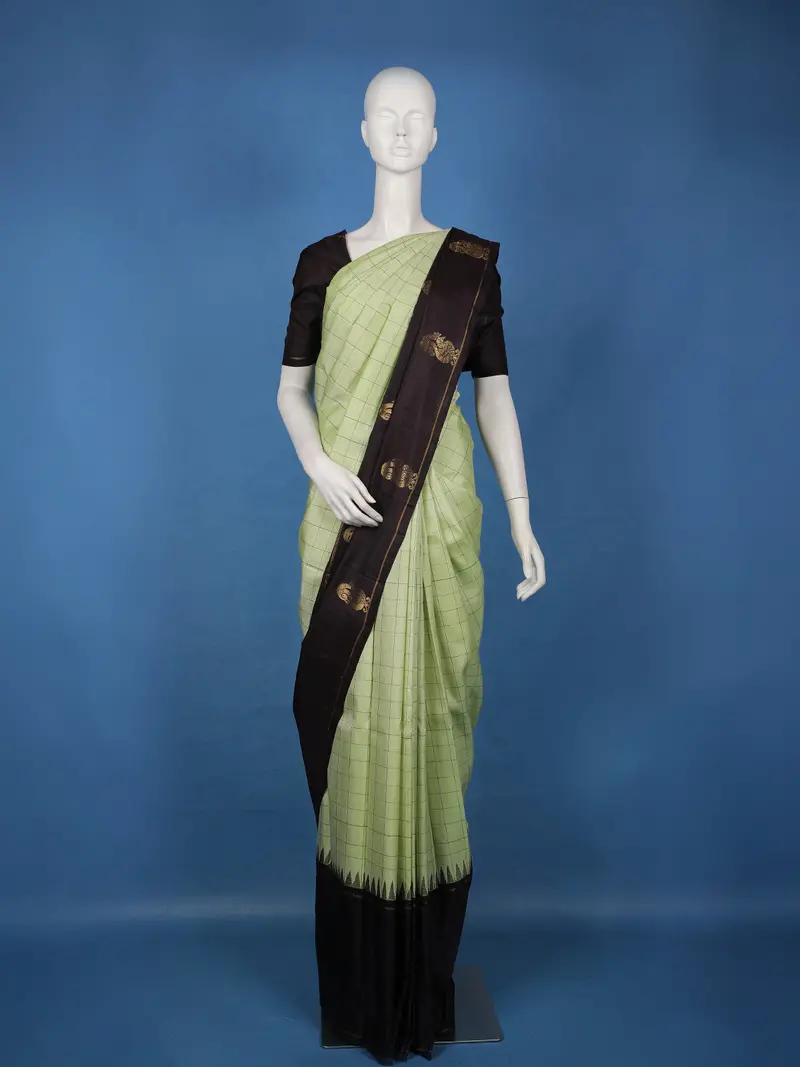 Green Checked Woven Design Pure Kanchipuram Silk Saree 1