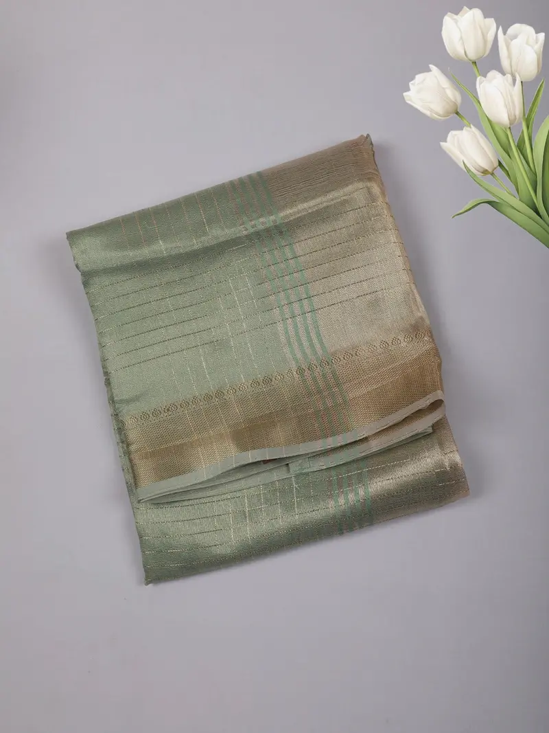 Green Checked Woven Tissue Saree With Golden Zari Border 1