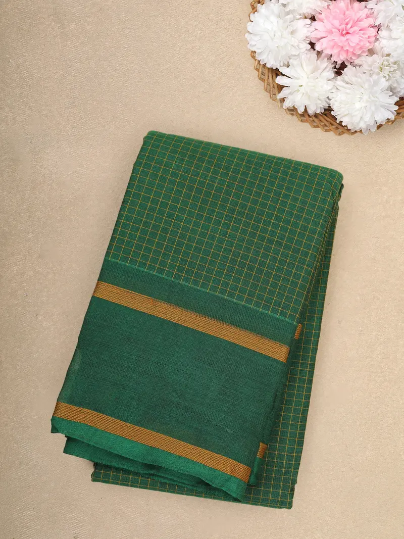 Green Checks Design Cotton Saree With Contrast Copper Zari Woven Border 1