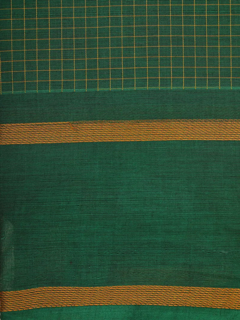 Green Checks Design Cotton Saree With Contrast Copper Zari Woven Border 2