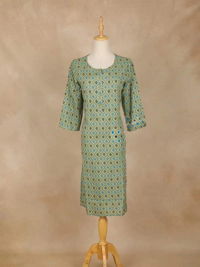 Green Checks Printed Cotton Kurti 1