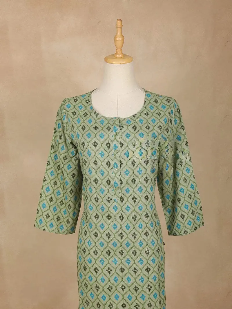 Green Checks Printed Cotton Kurti 2