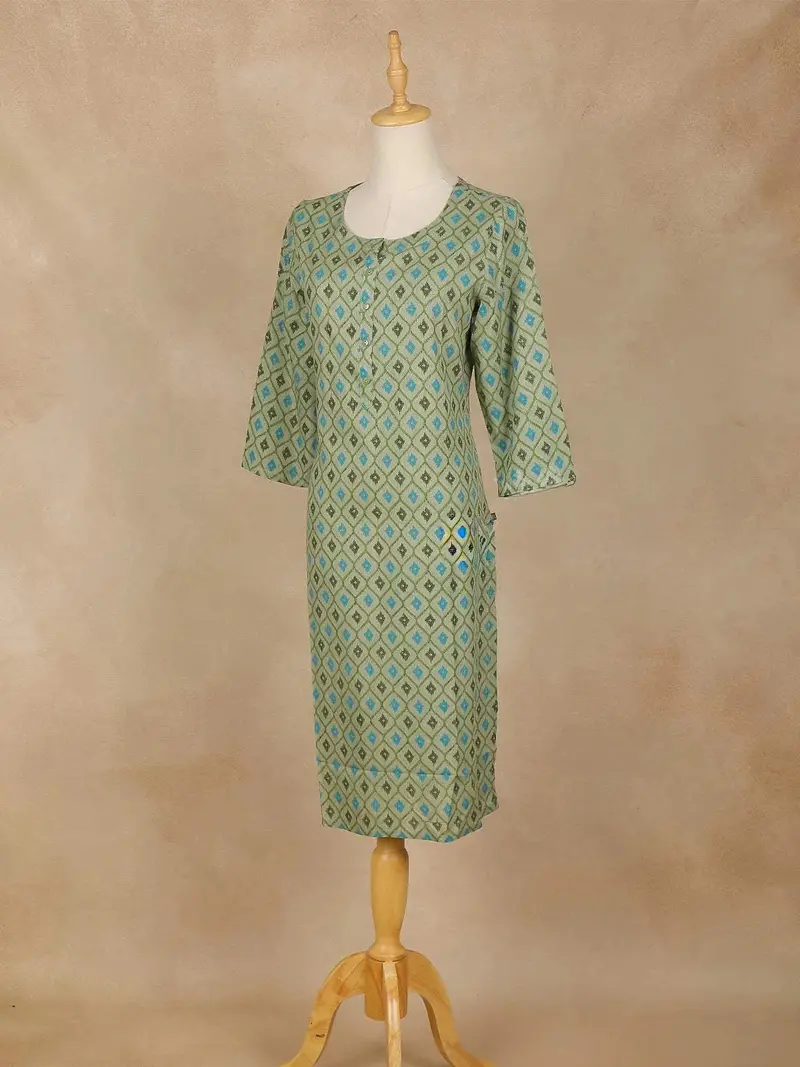 Green Checks Printed Cotton Kurti 3