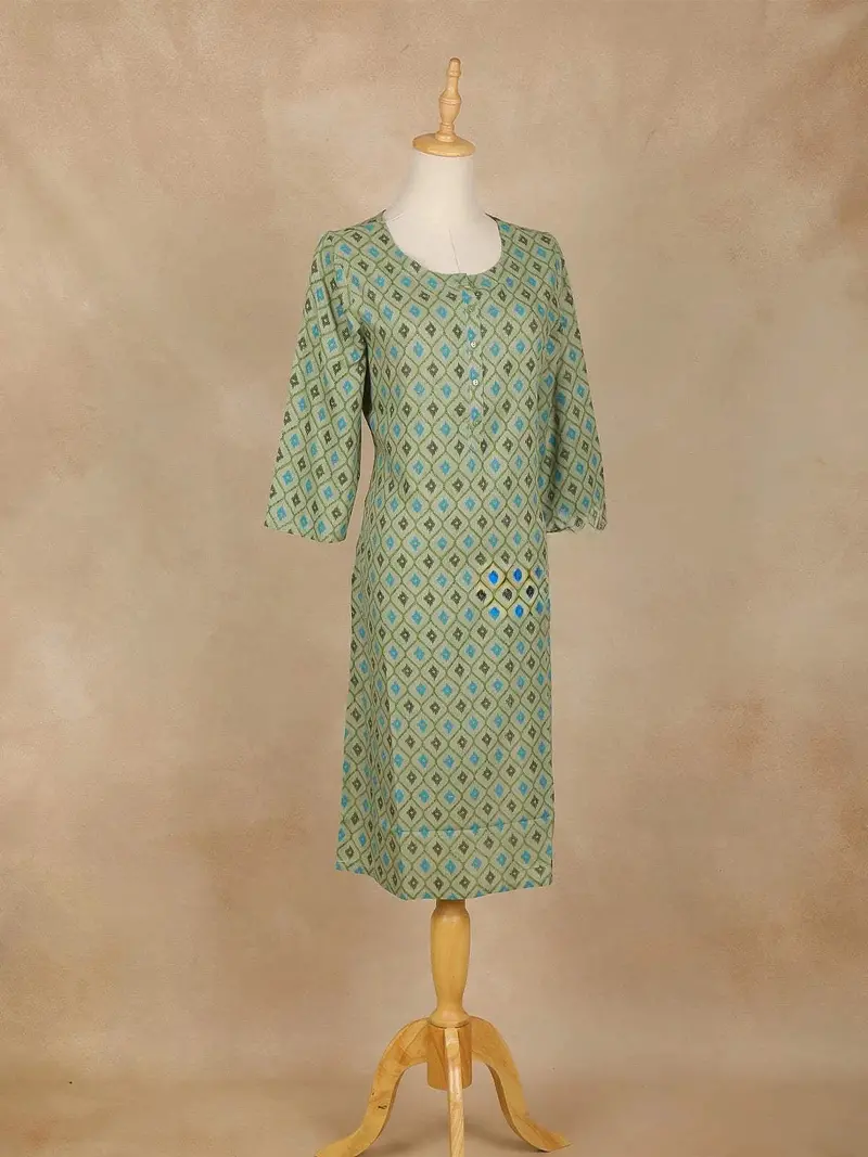 Green Checks Printed Cotton Kurti 4