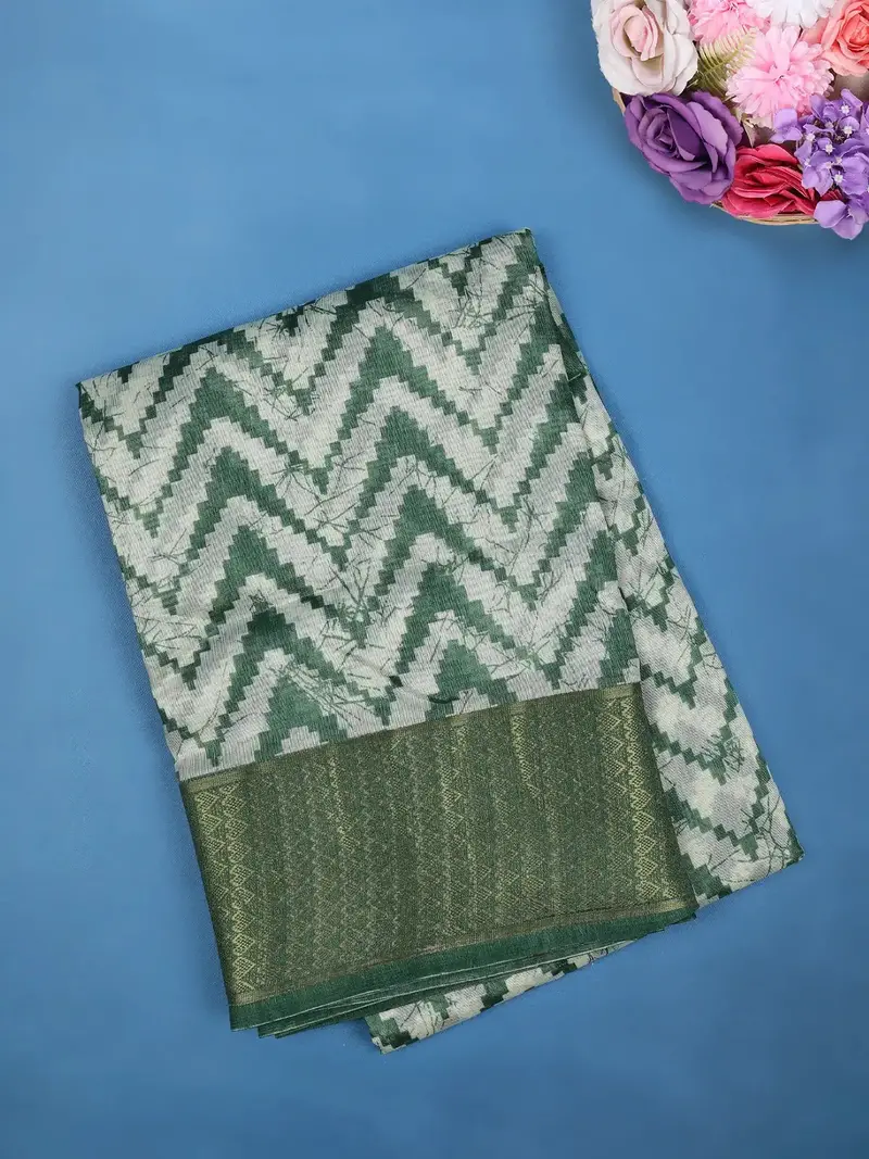 Green Chevron Designed Fancy Cotton Saree 1