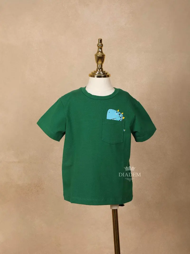 Green Cotton Half Sleeve T-Shirt With Dinosaur Prints 1