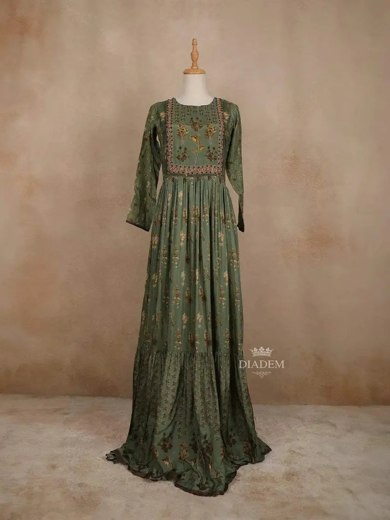 Green Cotton Long Kurti Top Adorned With Sequins And Floral Prints Without Dupatta 1