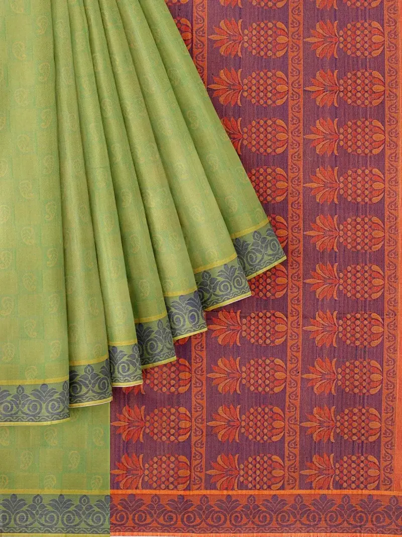 Green Cotton Saree With Paisley Motif On The Body And Thread Border 1