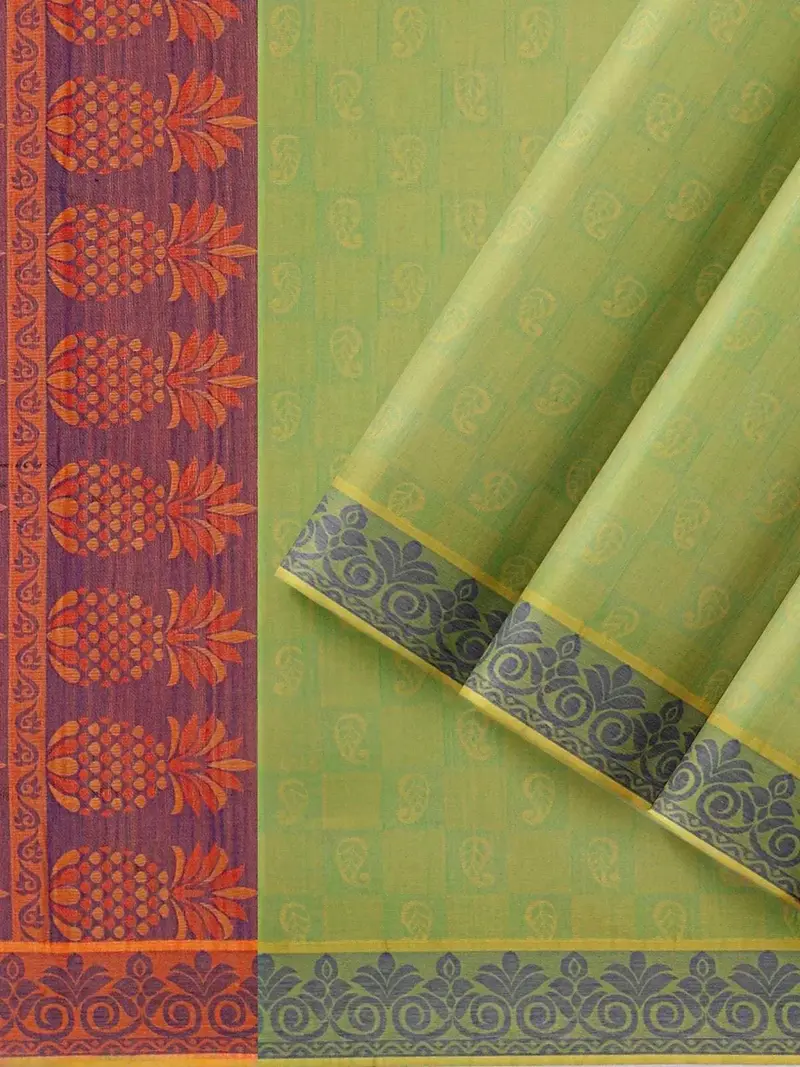 Green Cotton Saree With Paisley Motif On The Body And Thread Border 2