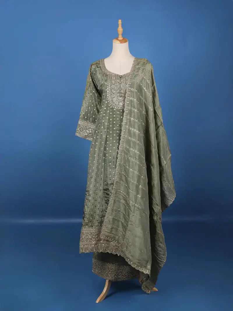 Green Dotted Design Silk Salwar Suit 1