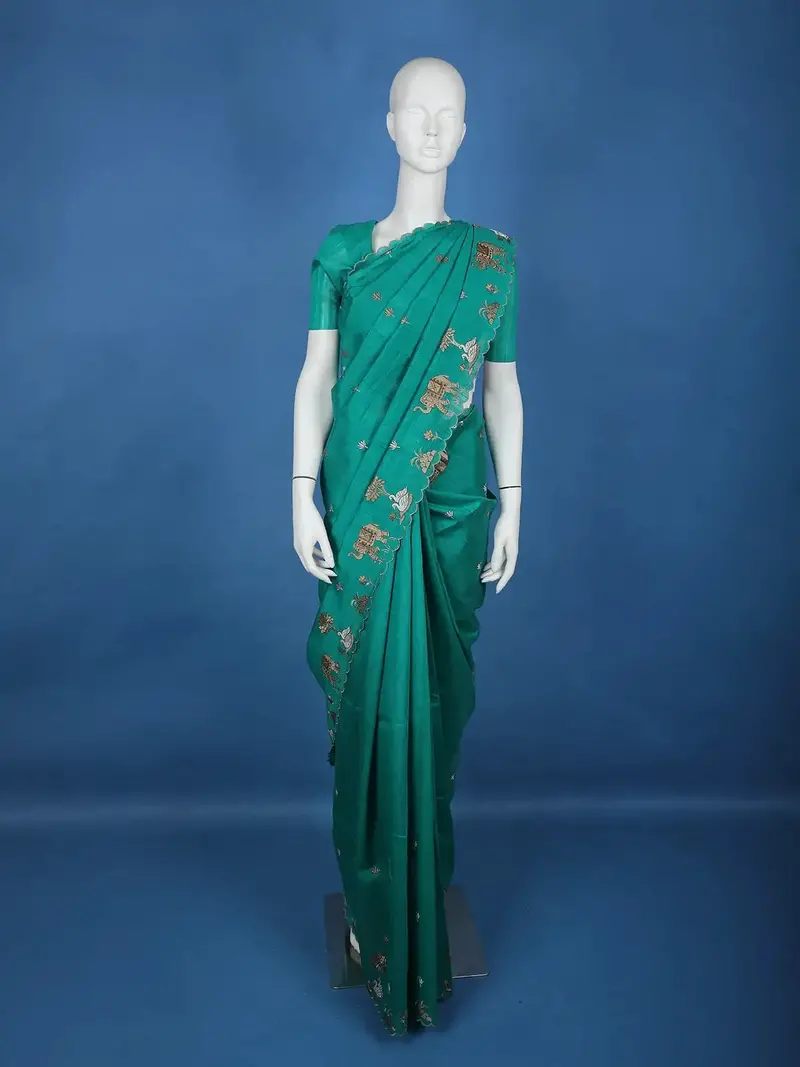 Green Elephant And Floral Designed Semi Tussar Saree 1