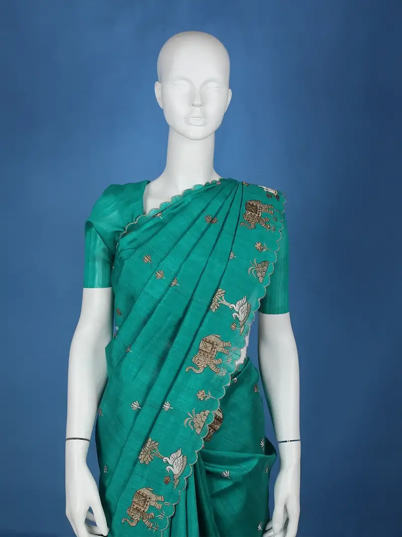 Green Elephant And Floral Designed Semi Tussar Saree 2