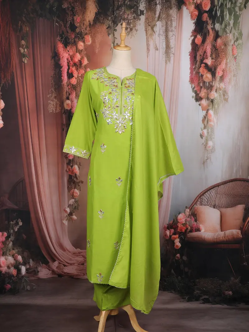 Green Embroidered Cotton Salwar Suit With Dupatta 1