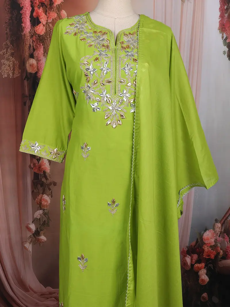 Green Embroidered Cotton Salwar Suit With Dupatta 2