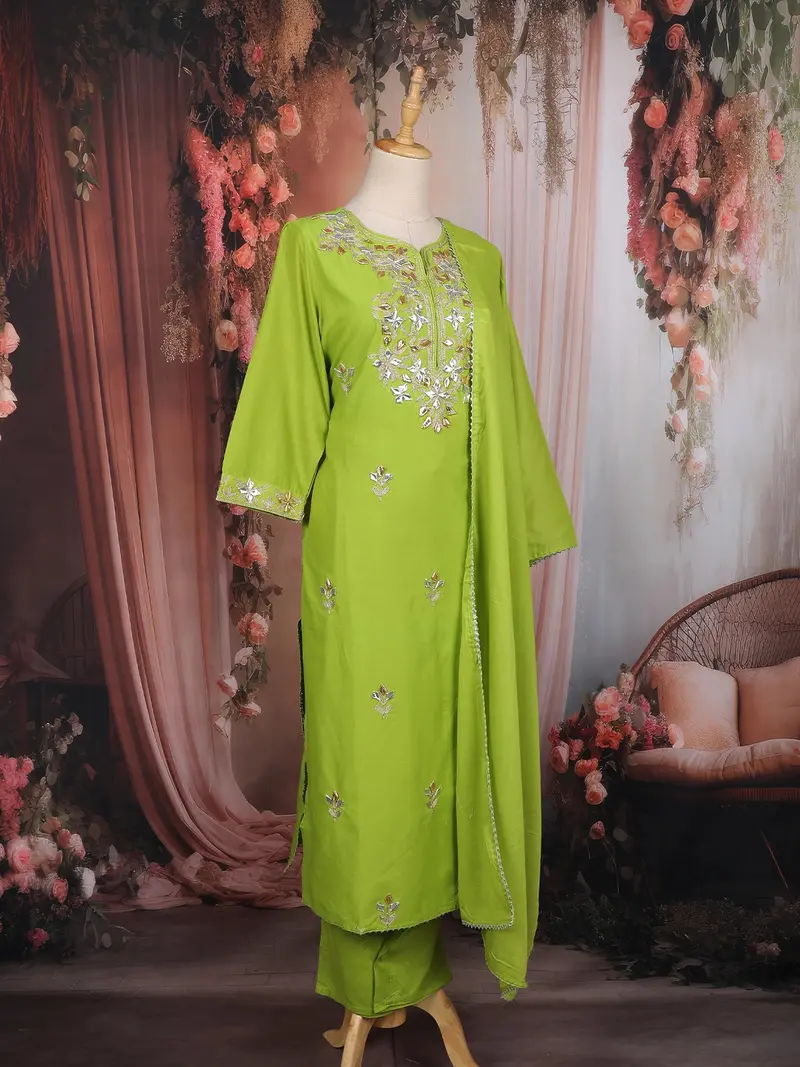 Green Embroidered Cotton Salwar Suit With Dupatta 4