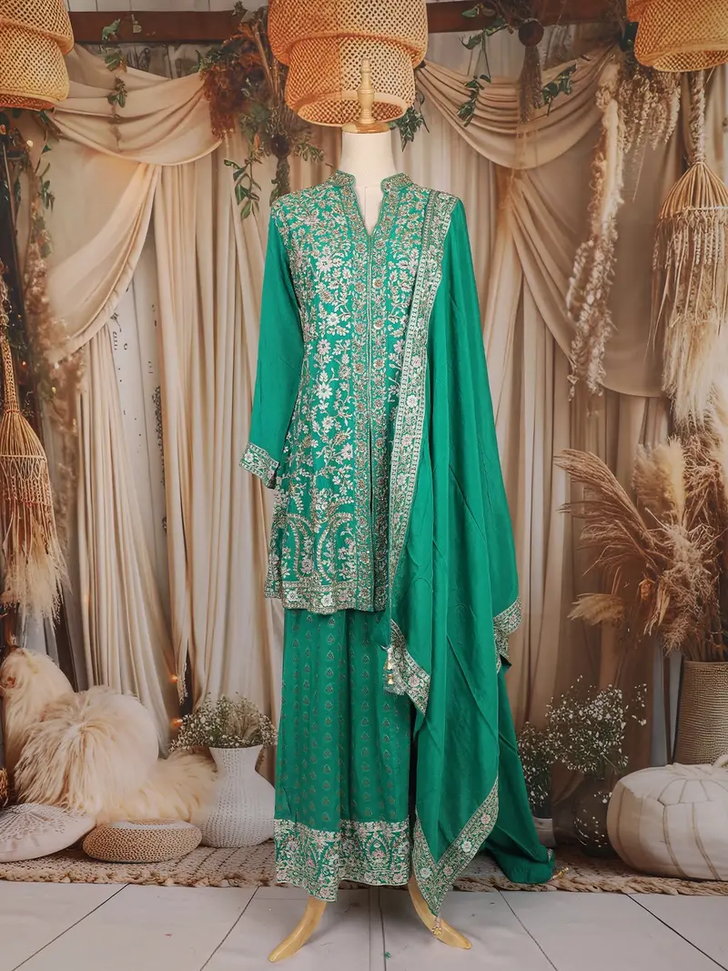 Green Floral And Sequins Embroidered Georgette Palazzo Suit 1