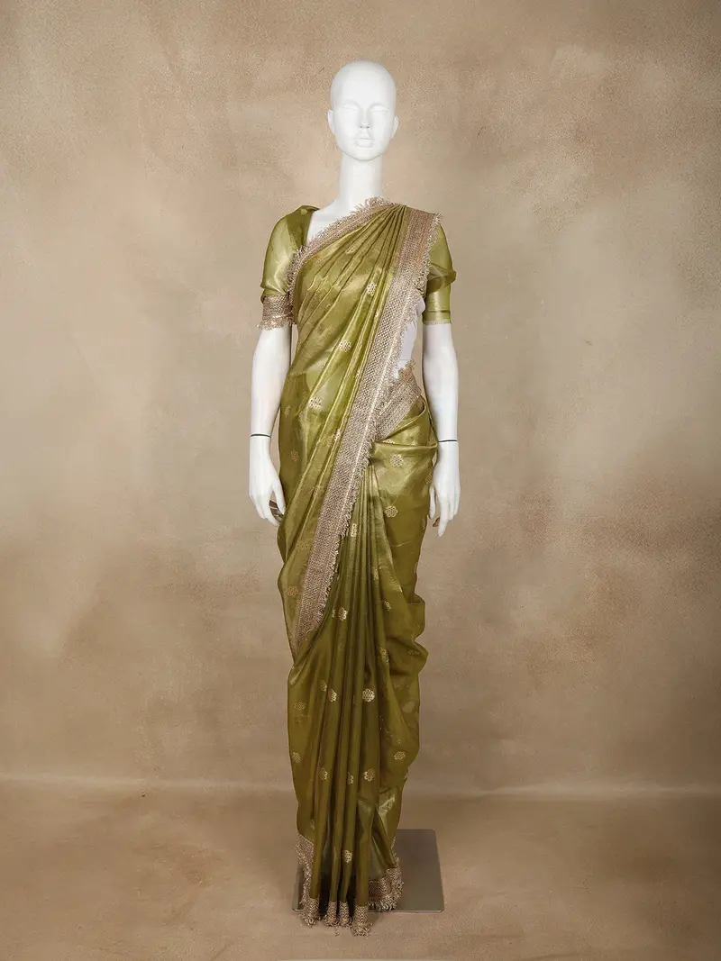 Green Floral Butta Design Tissue Saree With Designer Lace Border 1