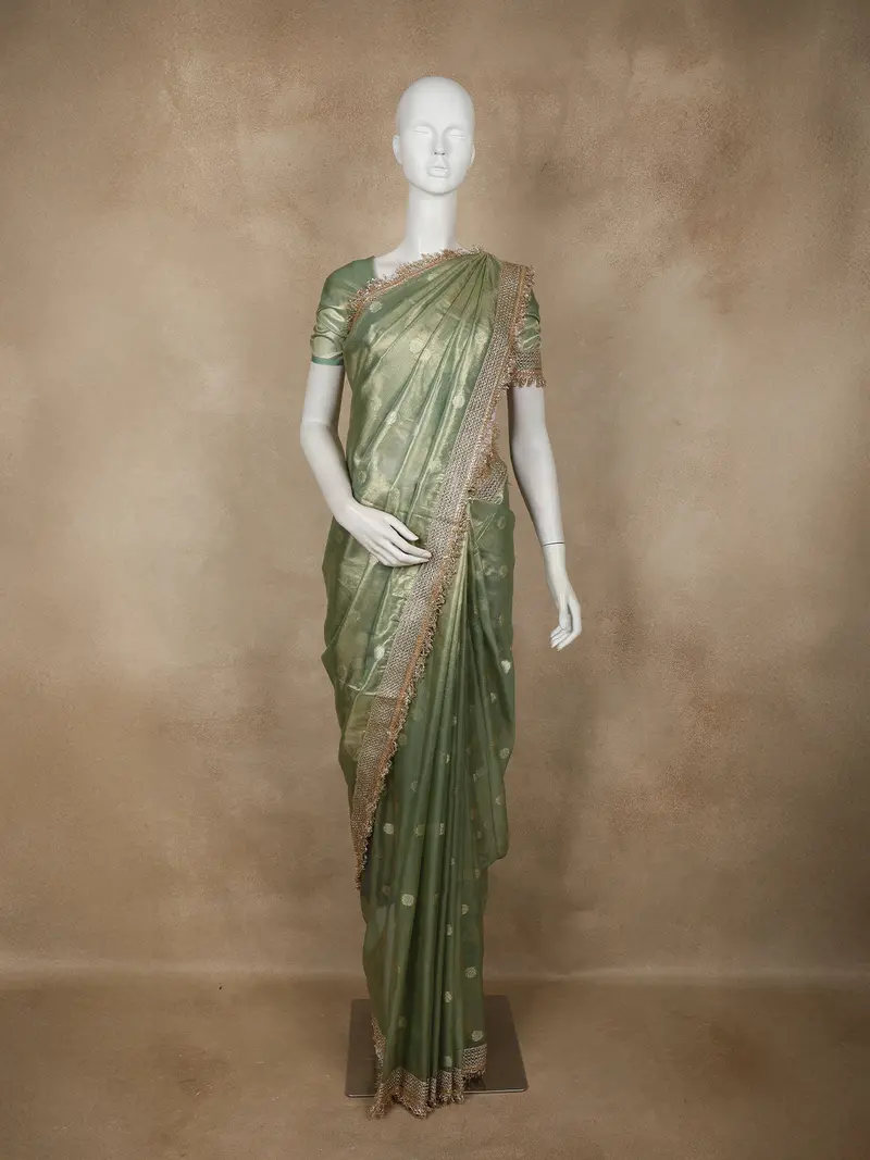 Green Floral Butta Design Tissue Saree With Designer Lace Border 1