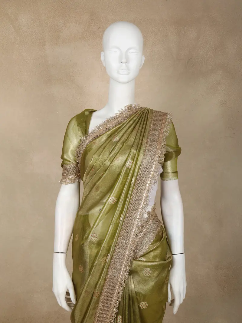 Green Floral Butta Design Tissue Saree With Designer Lace Border 2
