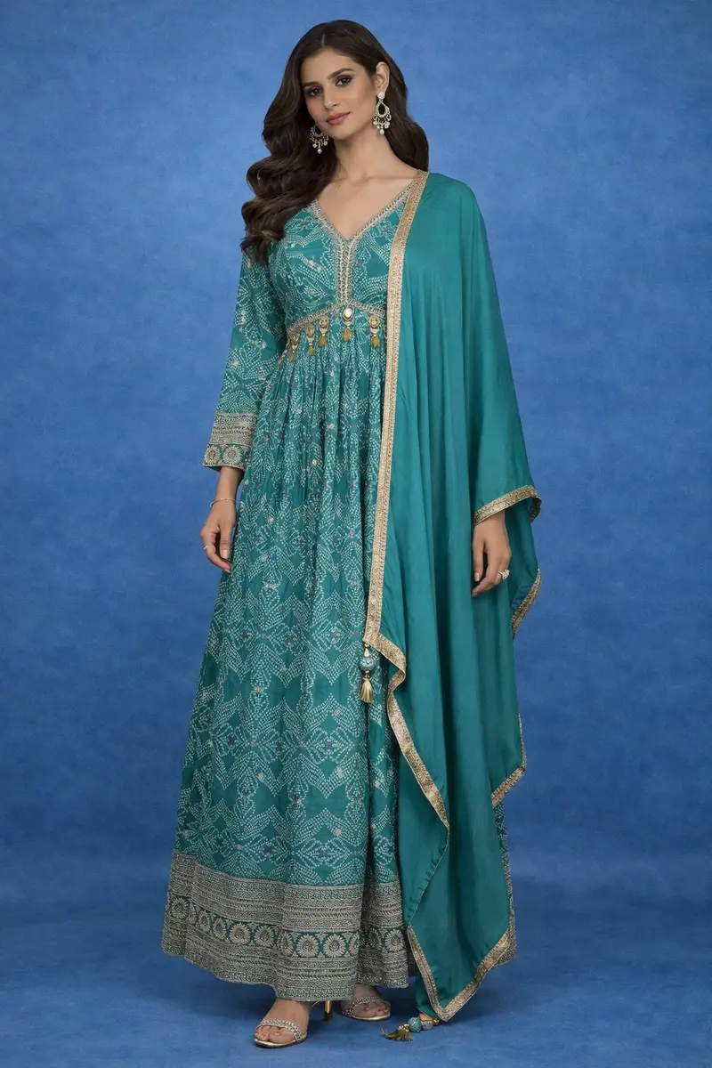 Green Floral Design Bead And Printed Work Georgette Gown 1