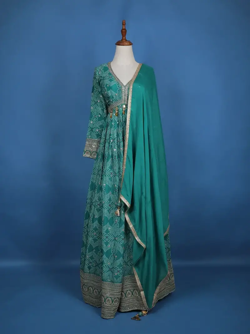 Green Floral Design Bead And Printed Work Georgette Gown 2