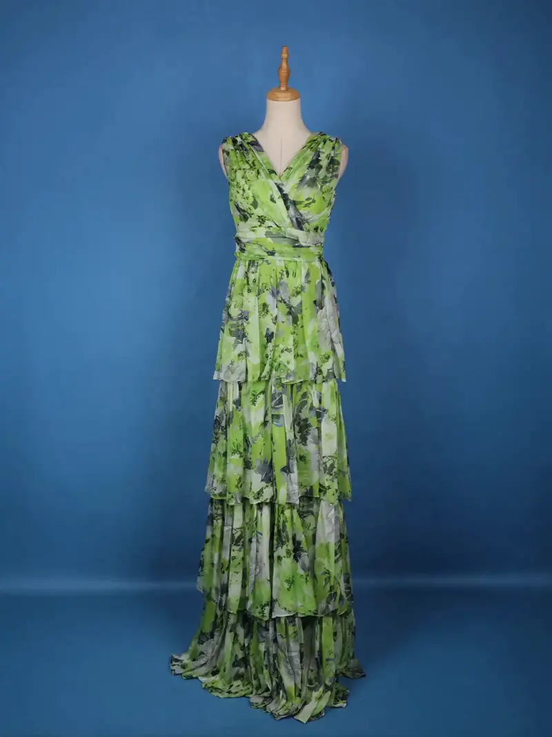 Green Floral Design Chiffon Partywear Gown 1