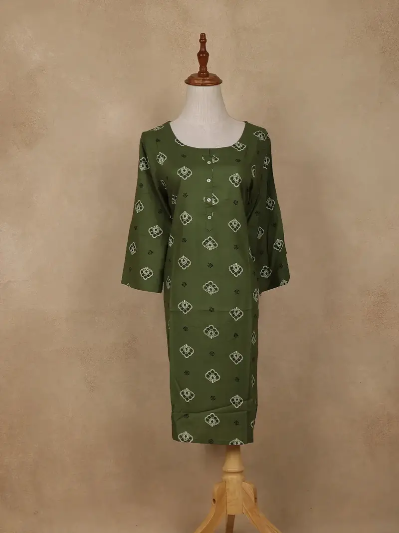 Green Floral Design Print Rayon Kurti 1