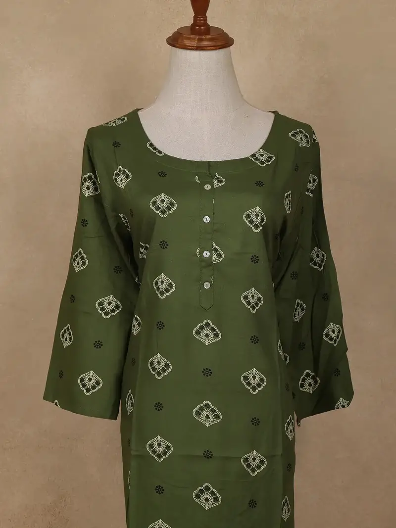 Green Floral Design Print Rayon Kurti 2