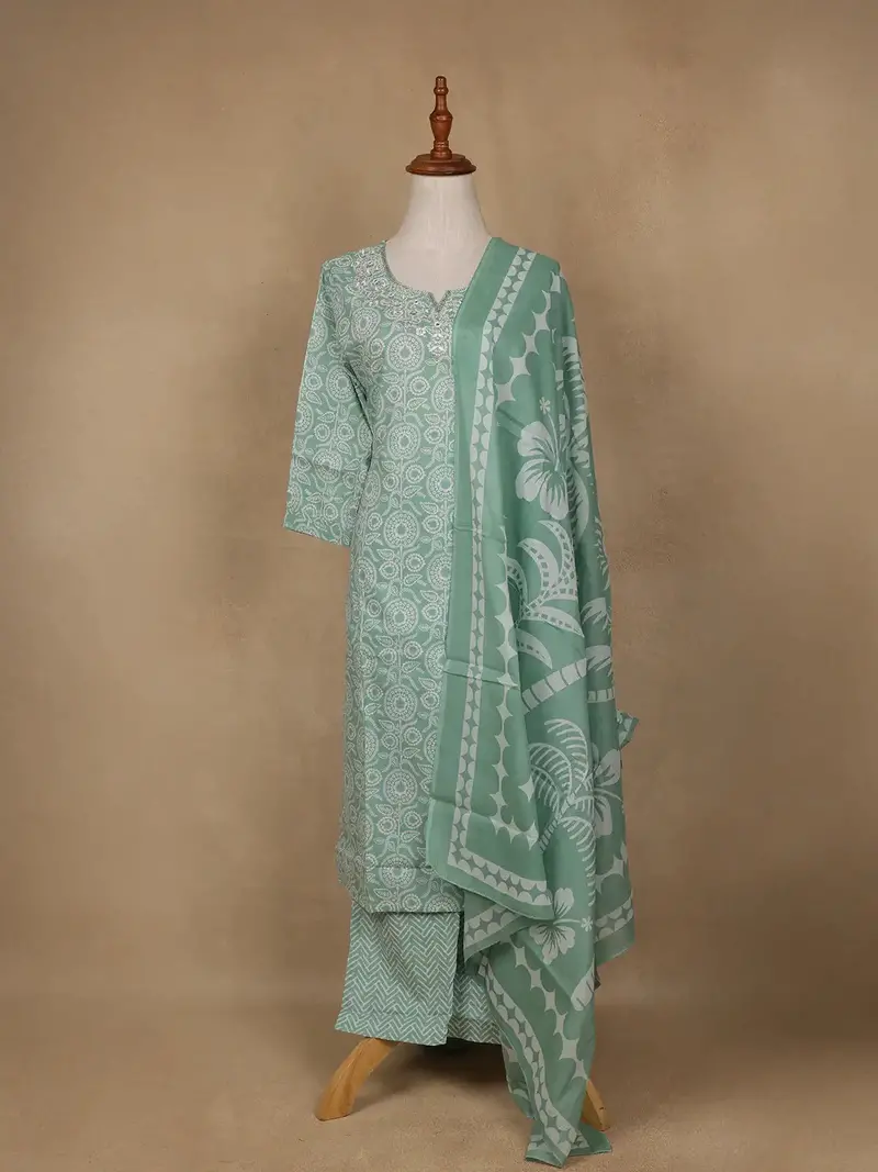 Green Floral Design Printed Cotton Salwar Suit 1