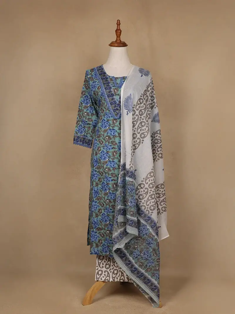 Green Floral Design Printed Cotton Salwar Suit 1