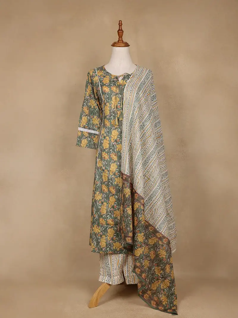 Green Floral Design Printed Cotton Salwar Suit 1