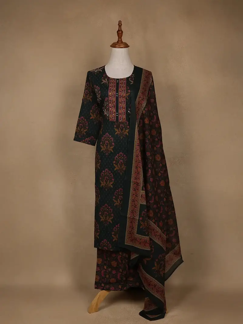 Green Floral Design Printed Cotton Salwar Suit 1