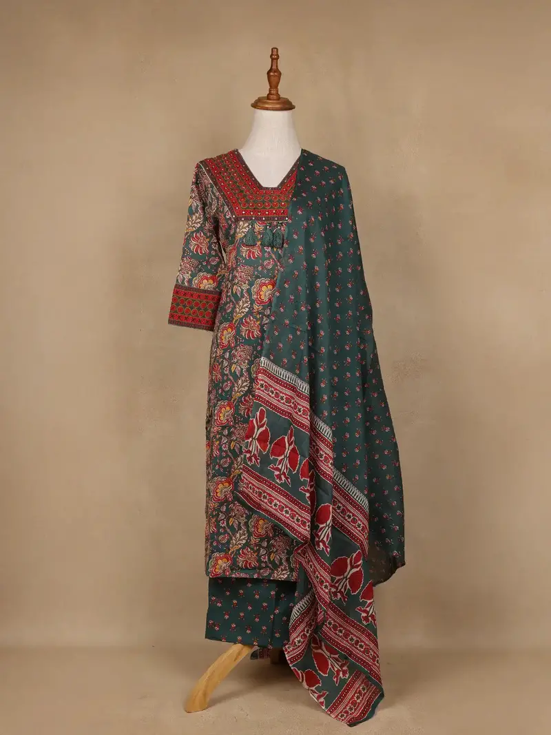 Green Floral Design Printed Cotton Salwar Suit 1
