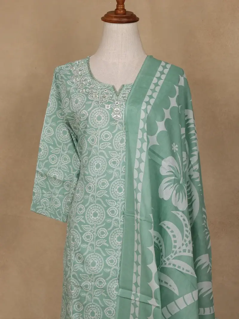 Green Floral Design Printed Cotton Salwar Suit 2