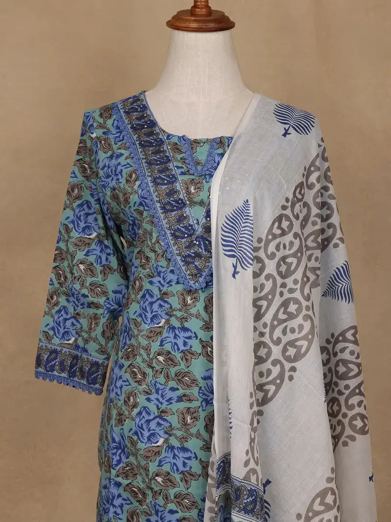 Green Floral Design Printed Cotton Salwar Suit 2