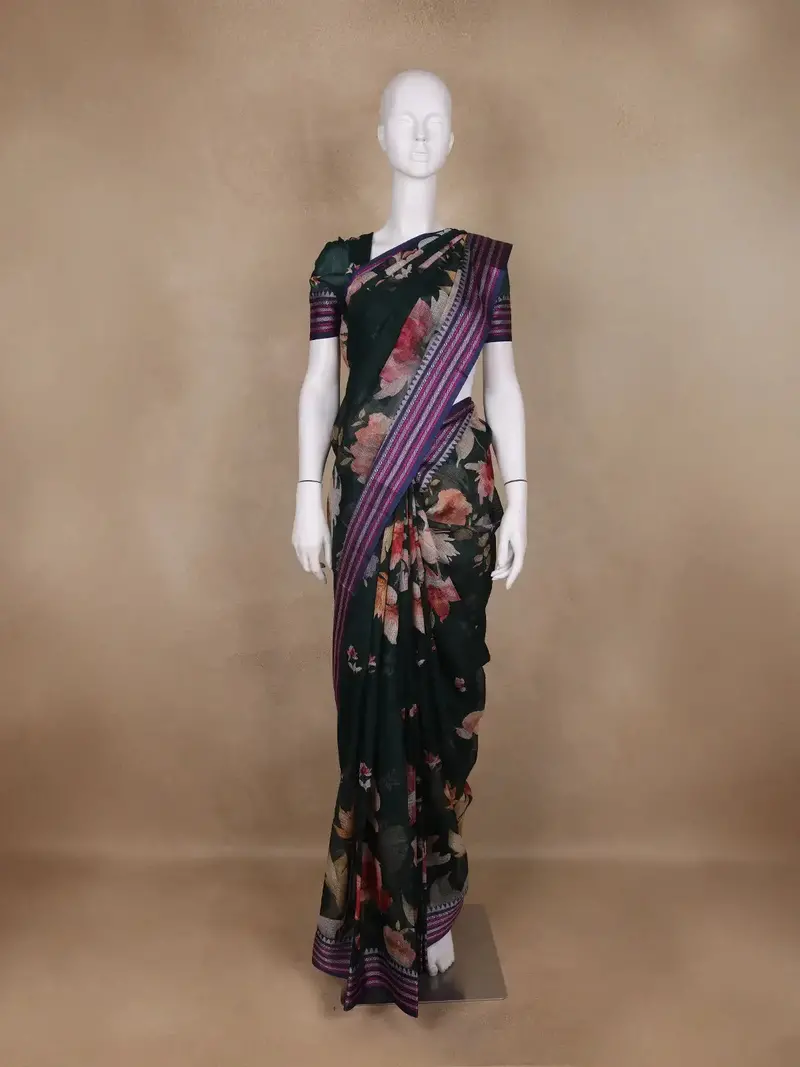 Green Floral Design Printed Kota Cotton Saree 1