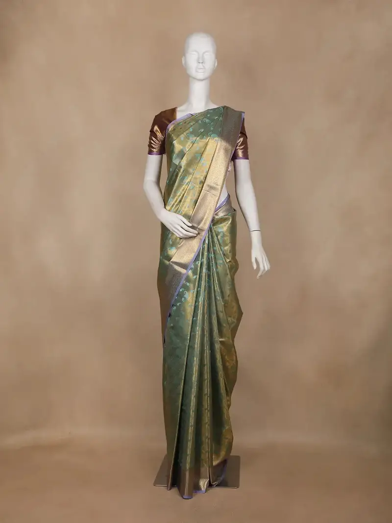 Green Floral Design Semi Tissue Silk Saree 1