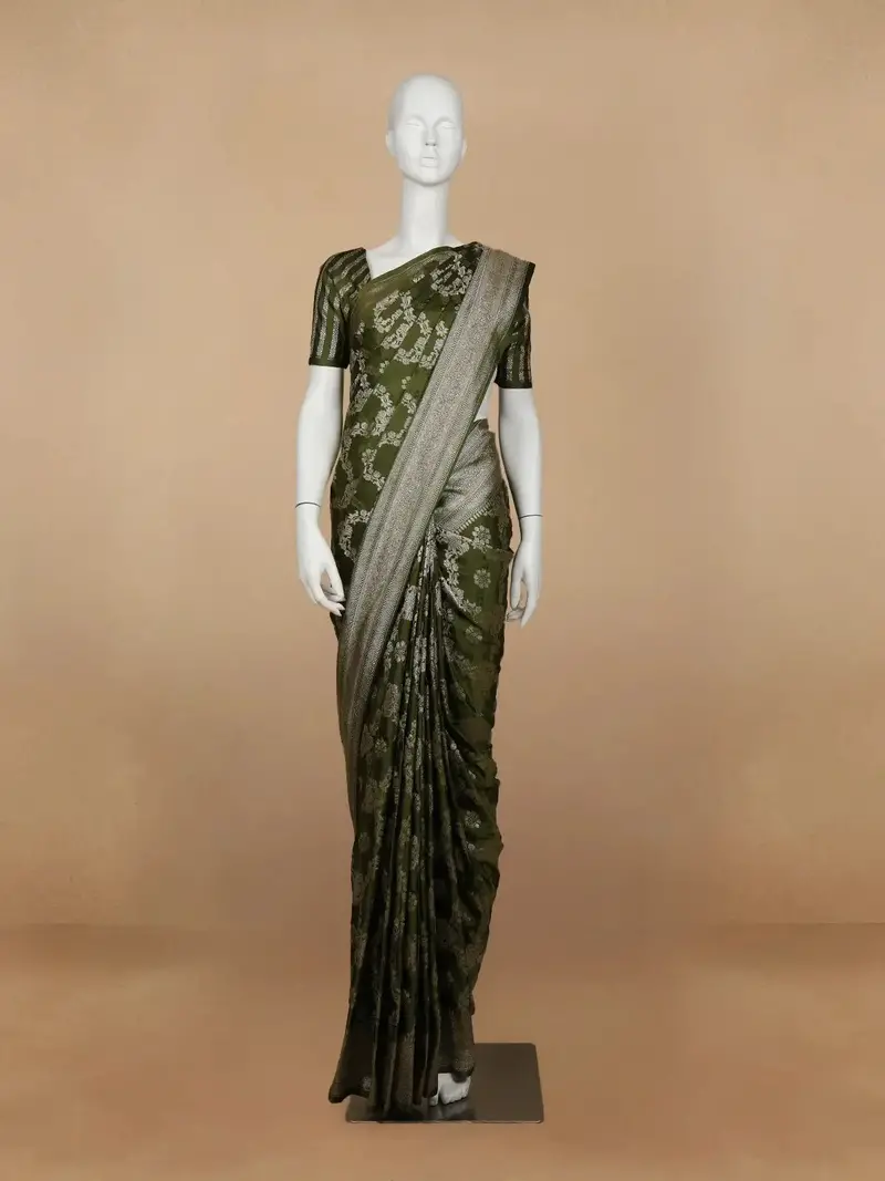 Green Floral Designed Banarasi Silk Saree 1