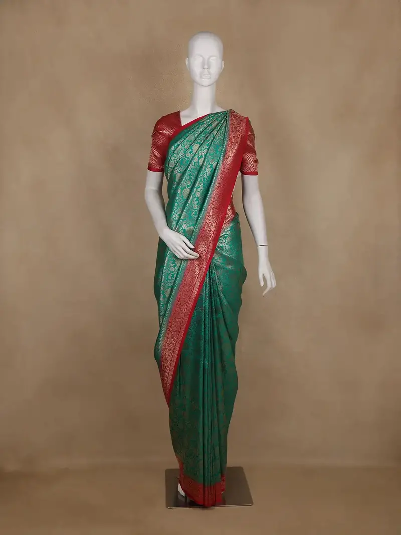 Green Floral Designed Banarasi Silk Saree With Contrast Border 1