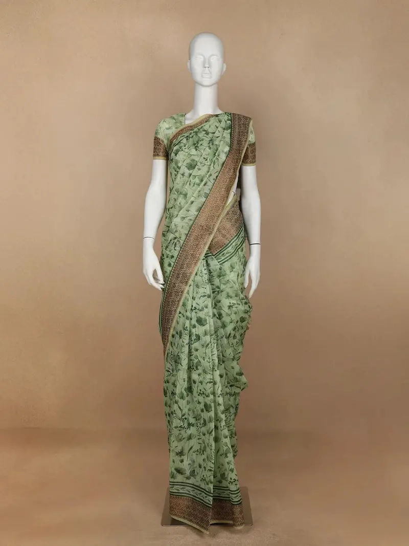 Green Floral Designed Chanderi Cotton Saree 1