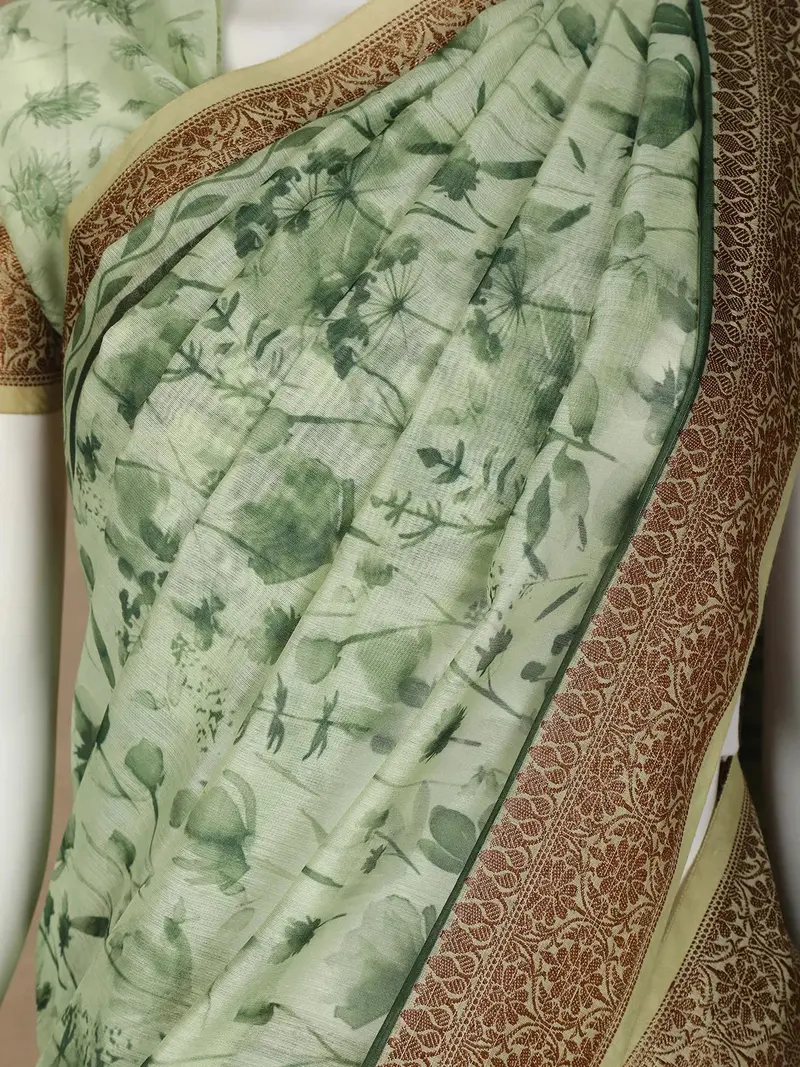 Green Floral Designed Chanderi Cotton Saree 2