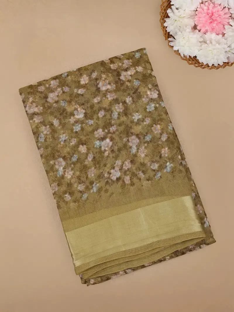 Green Floral Designed Fancy Cotton Saree 1