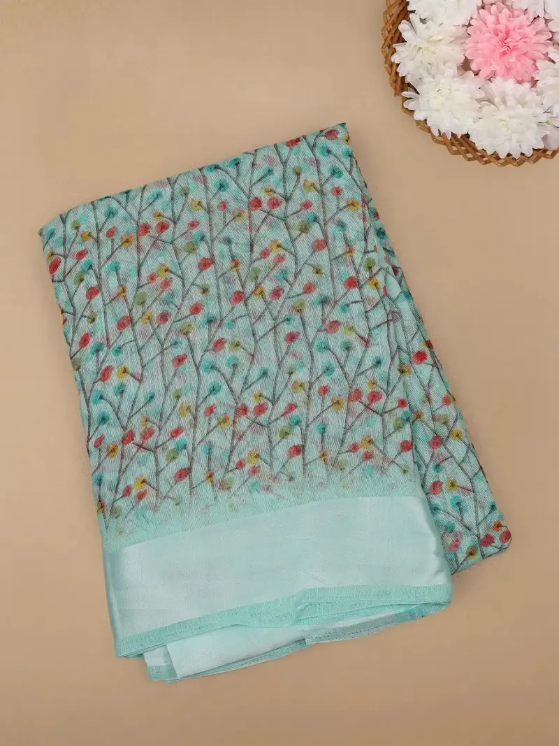 Green Floral Designed Fancy Cotton Saree 1