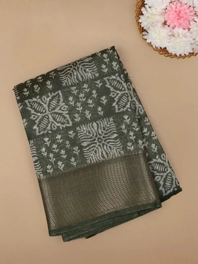 Green Floral Designed Fancy Cotton Saree 1