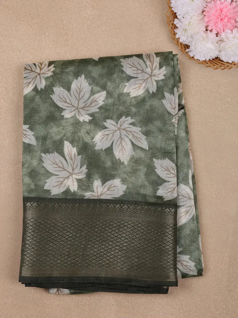 Green Floral Designed Fancy Cotton Saree 1
