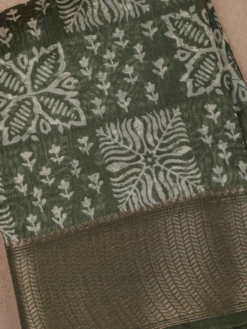 Green Floral Designed Fancy Cotton Saree 2