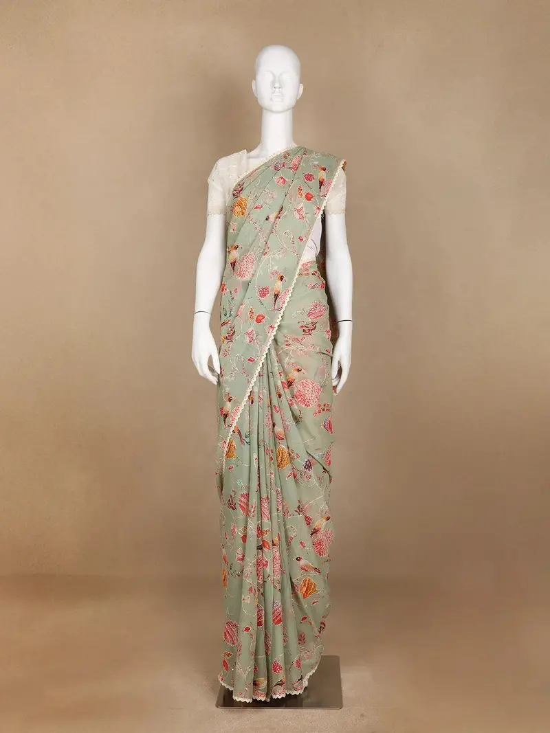 Green Floral Designed Georgette Fancy Saree 1