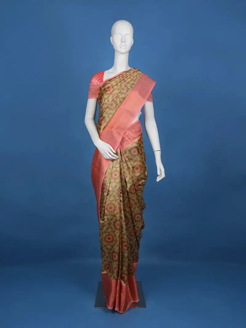 Green Floral Designed Kora Printed Saree 1
