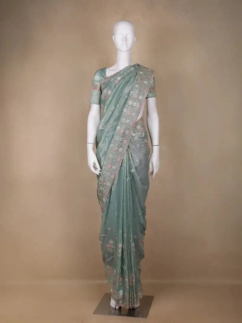 Green Floral Designed Organza Designer Saree 1